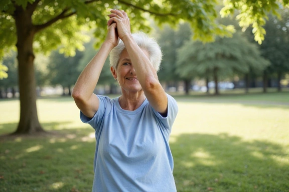 Ältere Frau dehnt sich sanft im Freien, symbolisiert verbesserte Beweglichkeit.