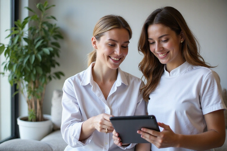 Ein Ernährungsberater, der mit einem Klienten in einem modernen Büro spricht, beide lächeln und auf einen Ernährungsplan blicken.