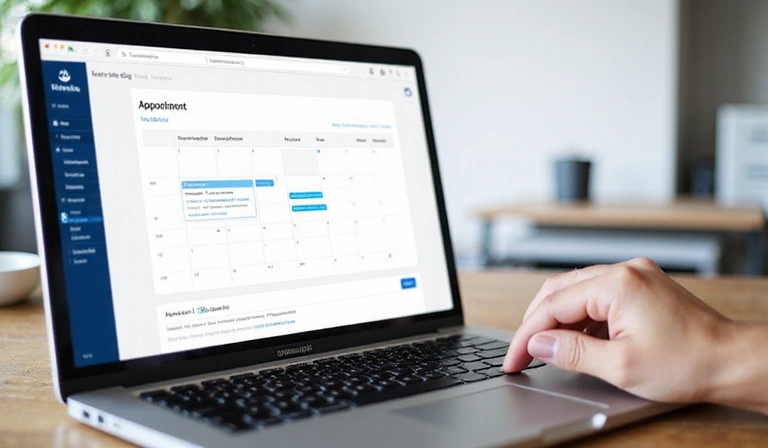 Person scheduling an appointment on a laptop with a calendar icon